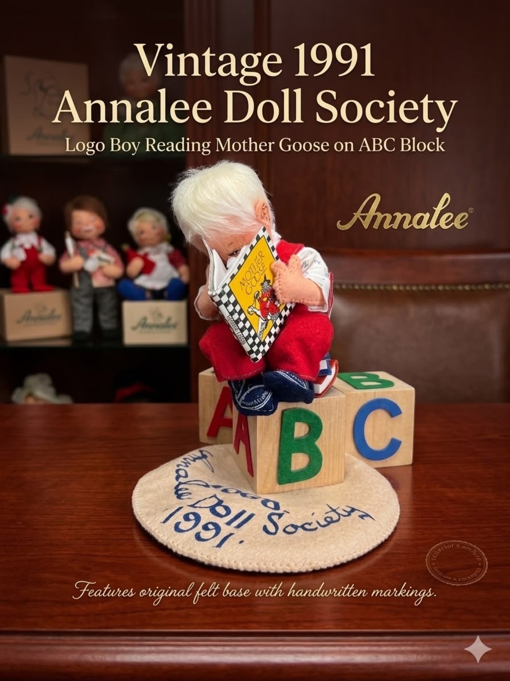 Annalee Doll Society 1991 Logo Boy Reading Mother Goose on ABC Block Vintage
